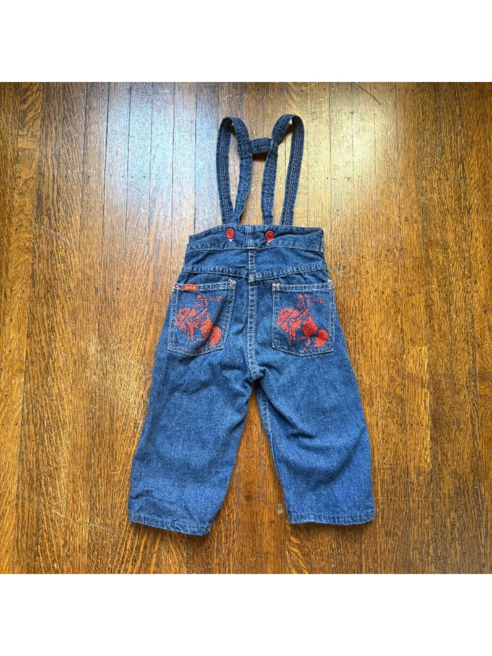 Vintage 1950s Kids Big Smith Suspender Blue Jeans, Cowboy Print Pockets, Size 2T